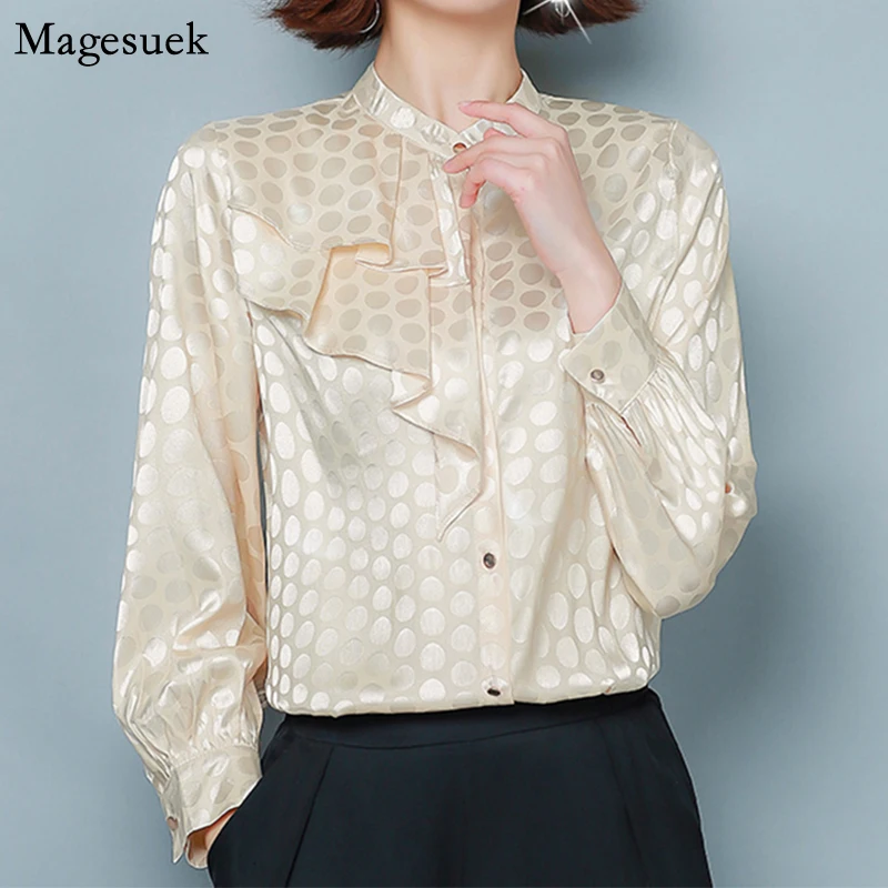 

2021 Autumn Ruffles Vintage Women Blouses Polka Dot Long-Sleeve Shirts Women Loose White Blouse Women Casual Womans Tops 11007
