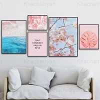 pink home decoration painting simple text living room wall art canvas poster cherry blossom flower branch print blue ocean leave