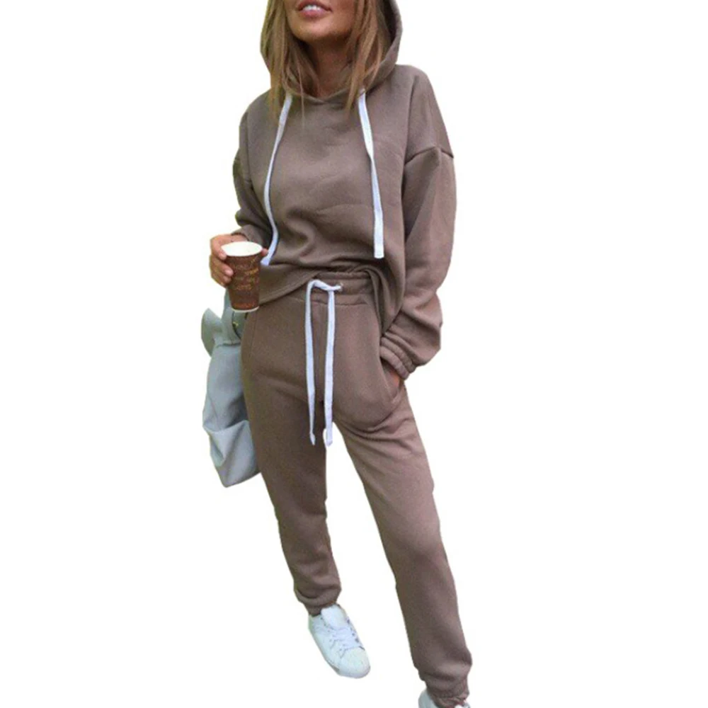dark khaki WENYUJH осенне-весенний спортивный костюм с длинным рукавом, утолщенные толстовки с капюшоном, комплект из 2 предметов, повседневный спортивный костюм, женский спортивный костюм, наборы - Цвет: dark khaki