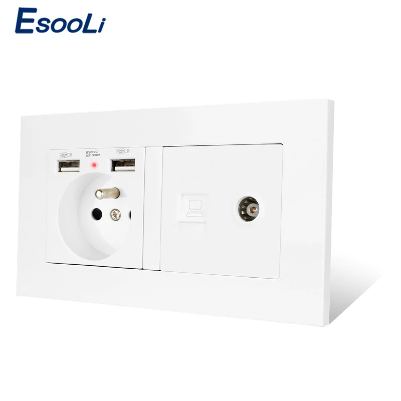 ESOOLI Plastic Panel French Standard Electric Socket with 2 USB + RJ45 Internet Jack and Television Port Power Outlet | Обустройство