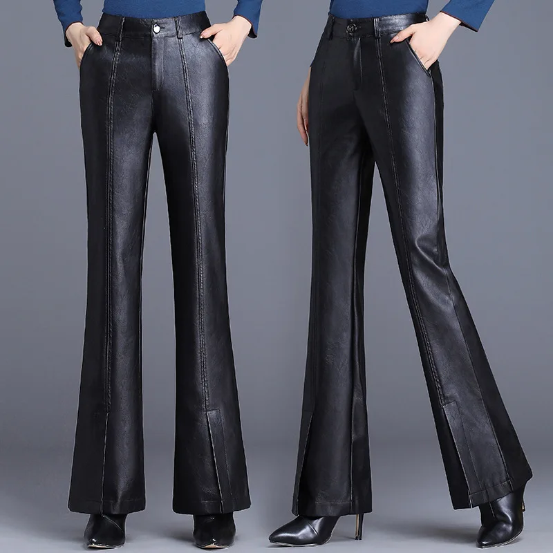 Black Faux Leather Pants Women Autumn Winter High Waist Slim Office Ladies Formal Flare Pu Trousers Slit Work Big Size 4XL | Женская