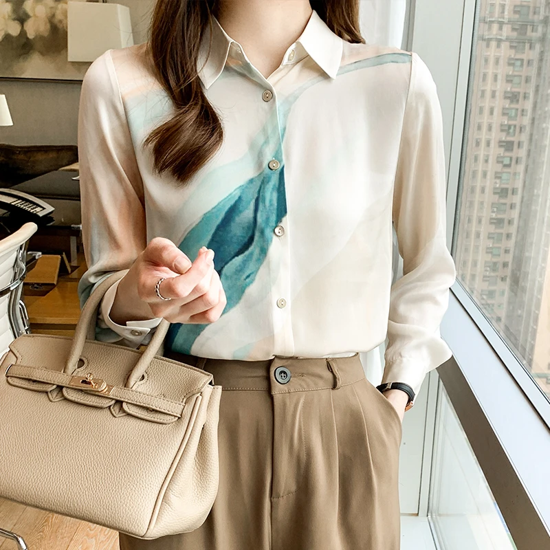 

Женская шифоновая блузка с отложным воротником и длинным рукавом, осень 2021