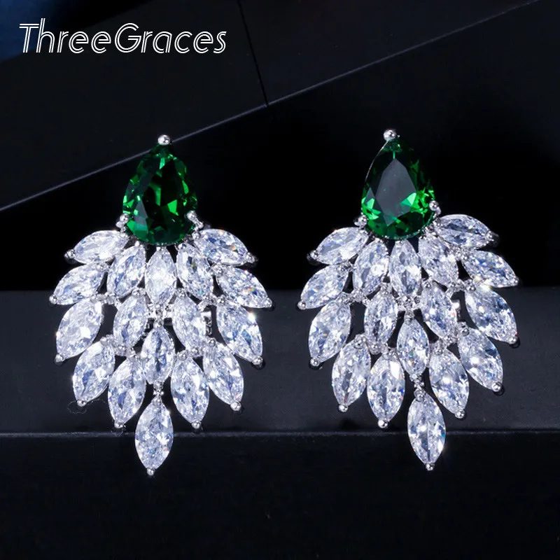 Женские серьги ThreeGraces большие овальные с австрийскими кристаллами зеленого