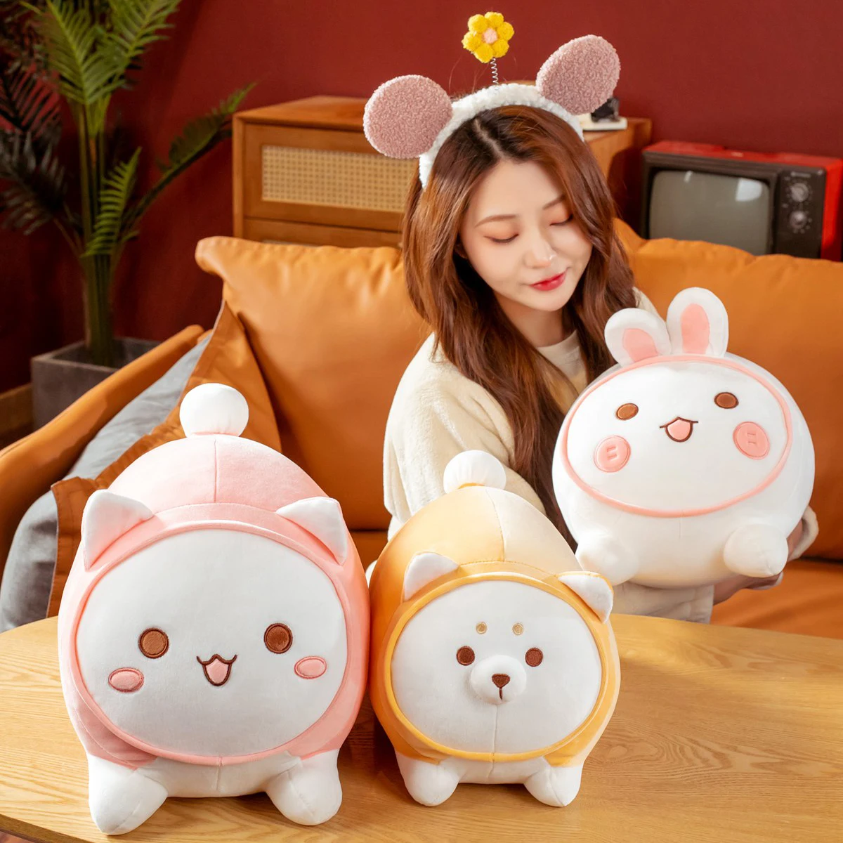 

Cute Cat Fluffy Dog Rabbit Plush Toy Stuffed Animals Pillow Kids Toys Throw Pillow Cushion