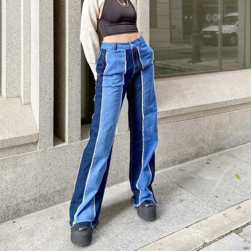 

Spring 2021 patchwork jeans woman high waist vaqueros mujer femme taille haute straight leg Sexy Slim Stitching Pocket Straight