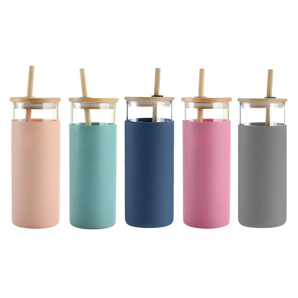 450ml Water Bottle Drink Juice Straw Cup Kettle Bamboo Cover Silicone Case Transparent Coffee Tea Drinkware | Дом и сад