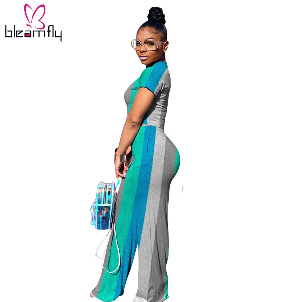 2019 женская летняя футболка в цветную полоску с коротким рукавом прямые брюки