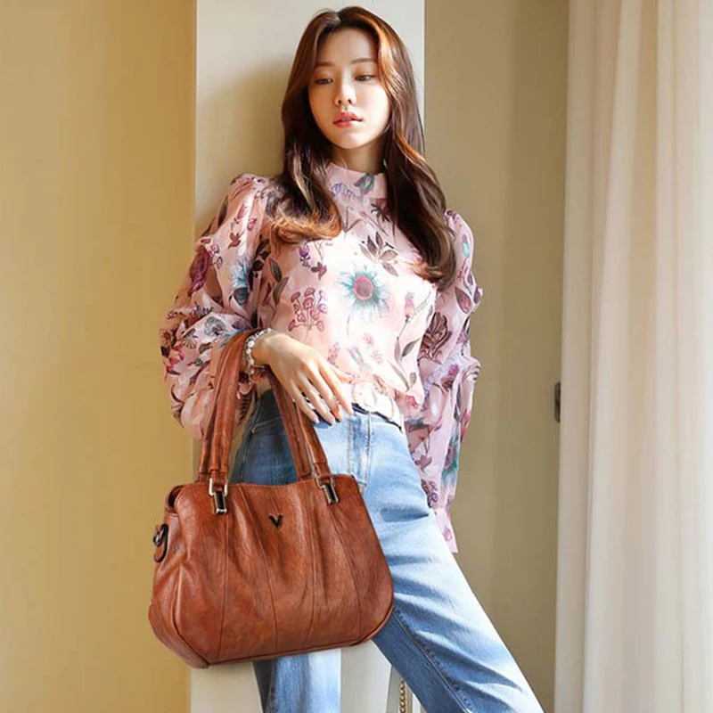 

High Quality Women Leather Luxury Tote 2019 Cowhide Soft Leather Casual Large Capacity Top-Handle Ladies Shoulder Bag Designer