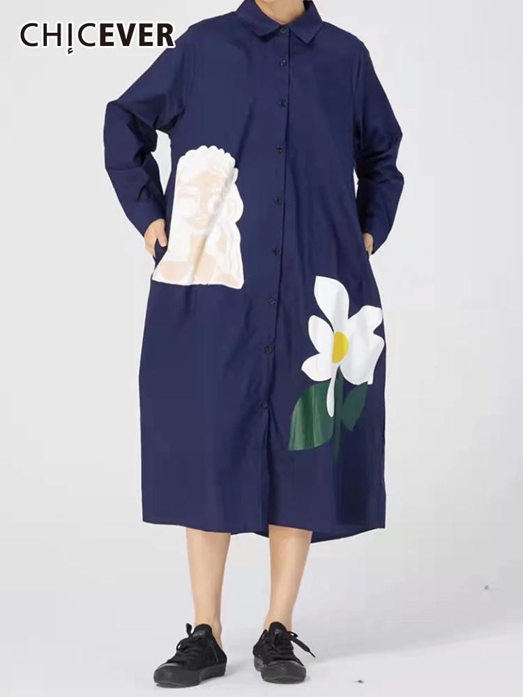 

Женское платье с цветочным принтом CHICEVER, свободное платье средней длины с отложным воротником и длинным рукавом, осенняя одежда, новинка
