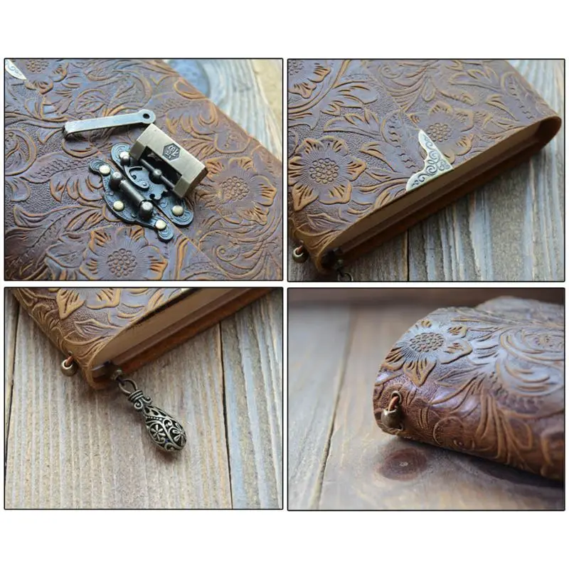 

Embossed Pattern Soft Leather Travel Notebook with lock Key Diary Notepad Kraft