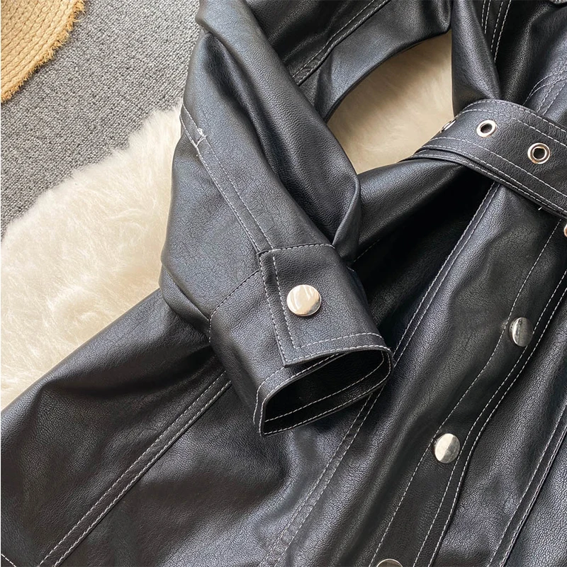 Fitaylor New Spring Autumn Faux Leather Jacket Women Fashion Single Breasted Long Sleeve Pu Dress with Belt Black Coat | Женская одежда