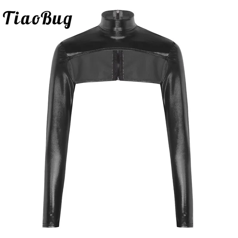 Женский Блестящий металлический короткий топ с длинным рукавом и молнией сзади