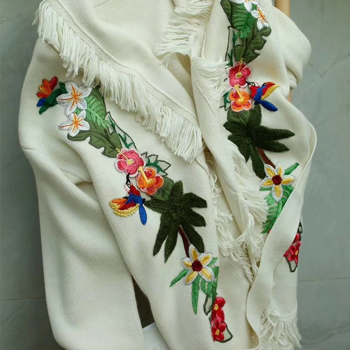 

Jastie Floral Embroidered Cardigan Women Sweater Cashmere Tassel Neck Casual Boho Jacket Winter Loose Thick Warm Overcoat