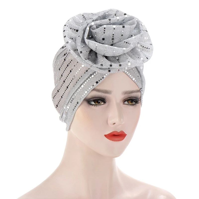 

flower Bonnet Muslim Turban for women Folds Hat Round Headscarf silk-polyester Night Cap elegent Turban Resuable Head Cover hot
