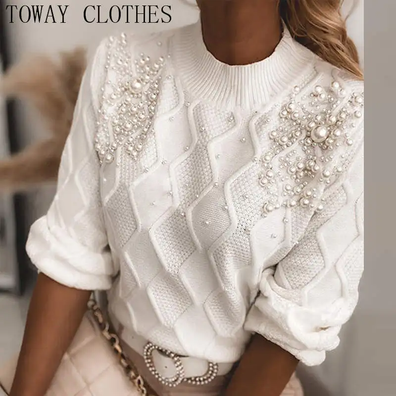 

Women Solid Round Neck Beaded Decor Long Sleeve Sweater Casual Chic Top
