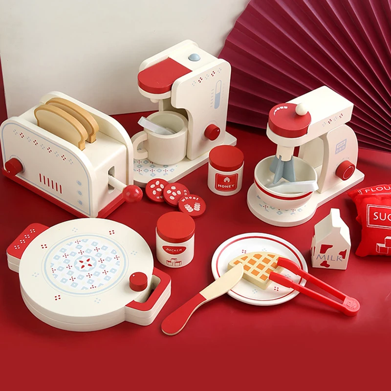 Wooden Kitchen Pretend Play Set Toys For Kids Simulation Breakfast Cooking Machine Blender Fast Food Bread Pizza Coffee Machine