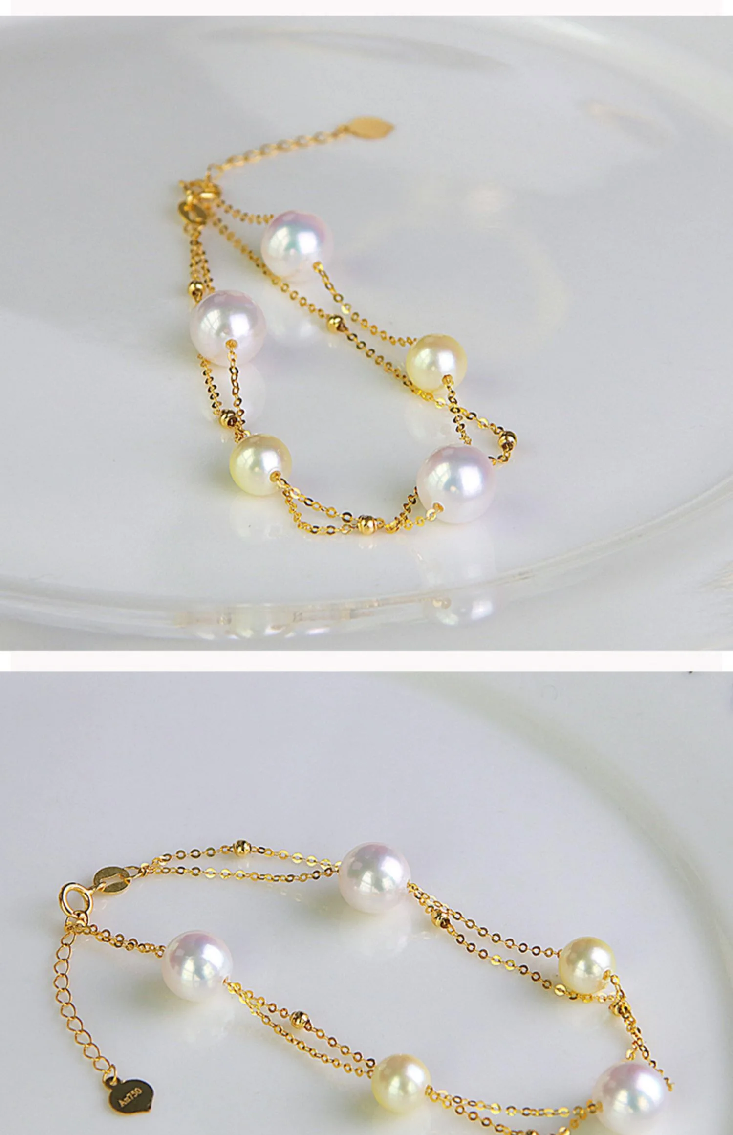 18K Solid Yellow Real Gold Jewelry (AU750) Women Single Grain Pearl Bracelet Chain Natural Sea Pearl Beads  Fashion Lady