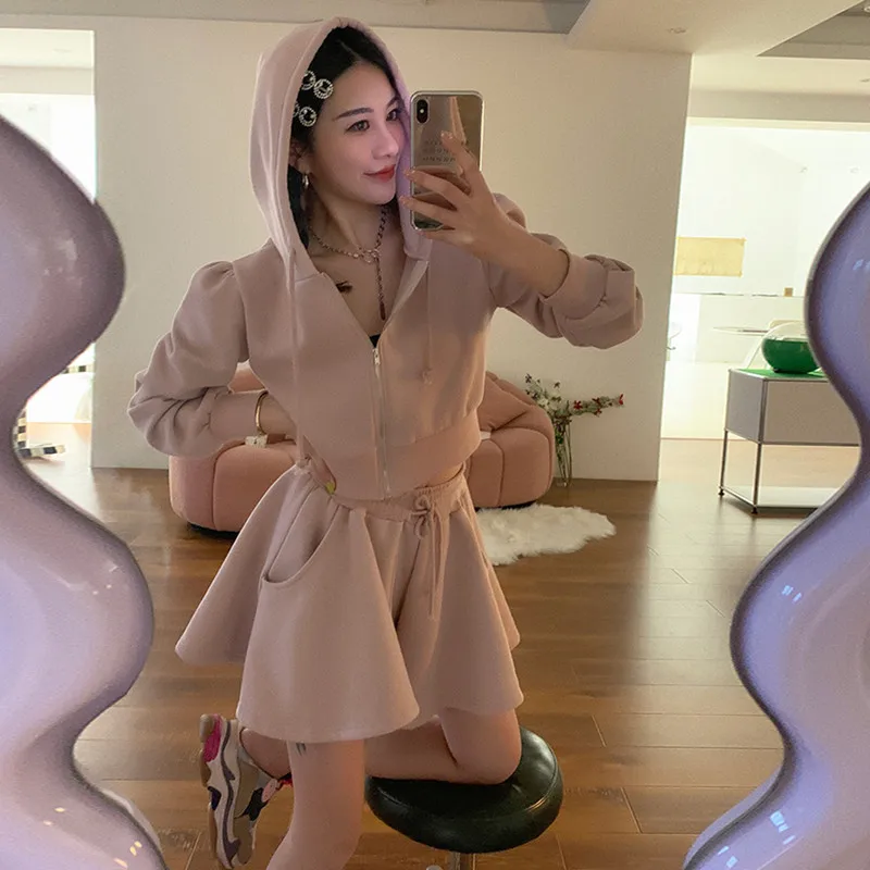 

Sportswear Suit Women Sweet Lovely Pink Drawstring Zipper Hooded Sweatershirt+casual High-waisted A-line Pantskirt