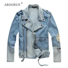 ABOORUN 2021 Мужская мода молния рваные джинсовые куртки Уличная одежда мотоциклетная Байкерская джинсовая куртка для мужчин