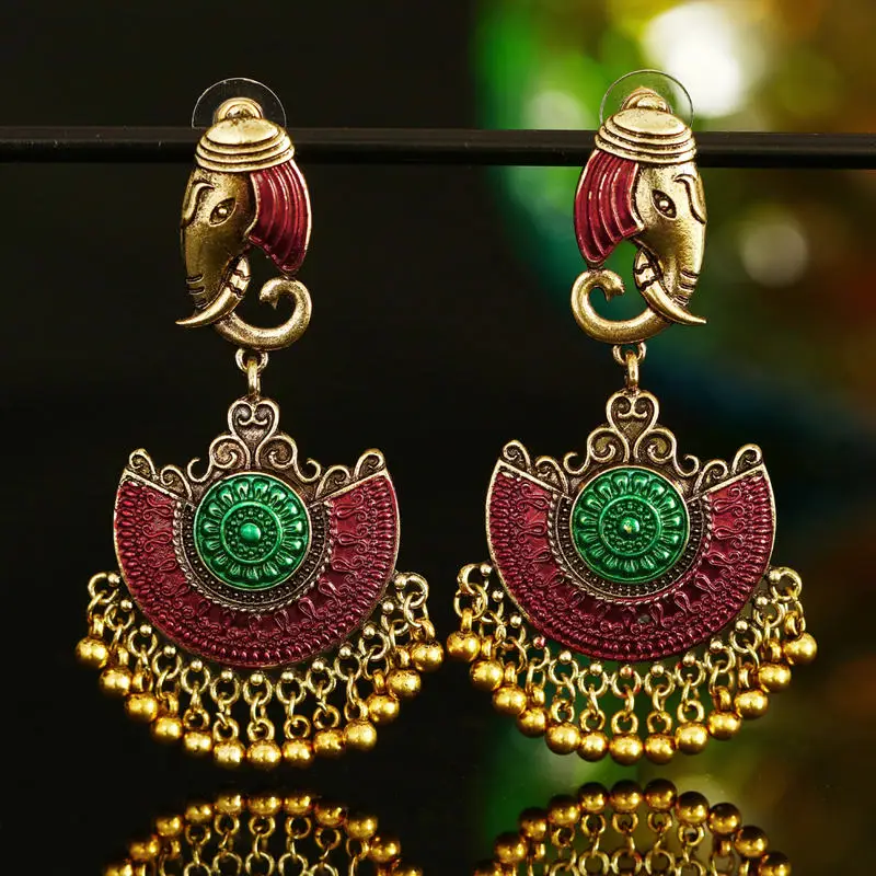 E wine green Индийские Jhumka серьги «Слоник» цыганские ювелирные изделия в стиле ретро этнические бусины в античном стиле висячие серьги с кисточками для женщин богемный подарок - Окраска металла: E wine green