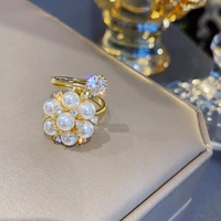 korean shinning zircon pearl flower open rings for women etrendy new jewelry delicate ring adjustable bijoux
