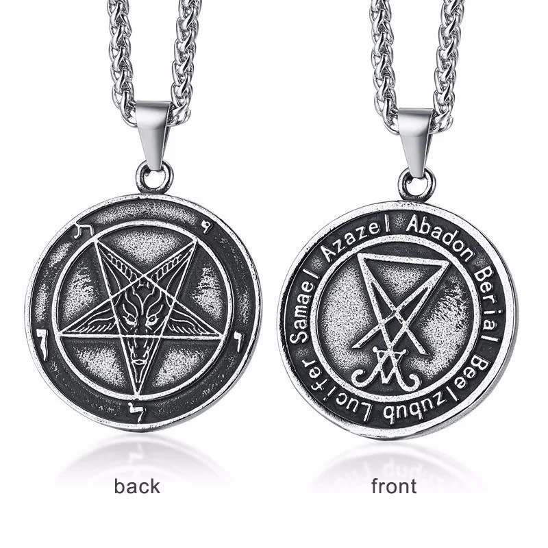

Vnox Double Sides Wearable Sigil of Lucifer David Star Pendants Stainless Steel Men Necklace Pagan Occult Male Jewelry 24" Chain