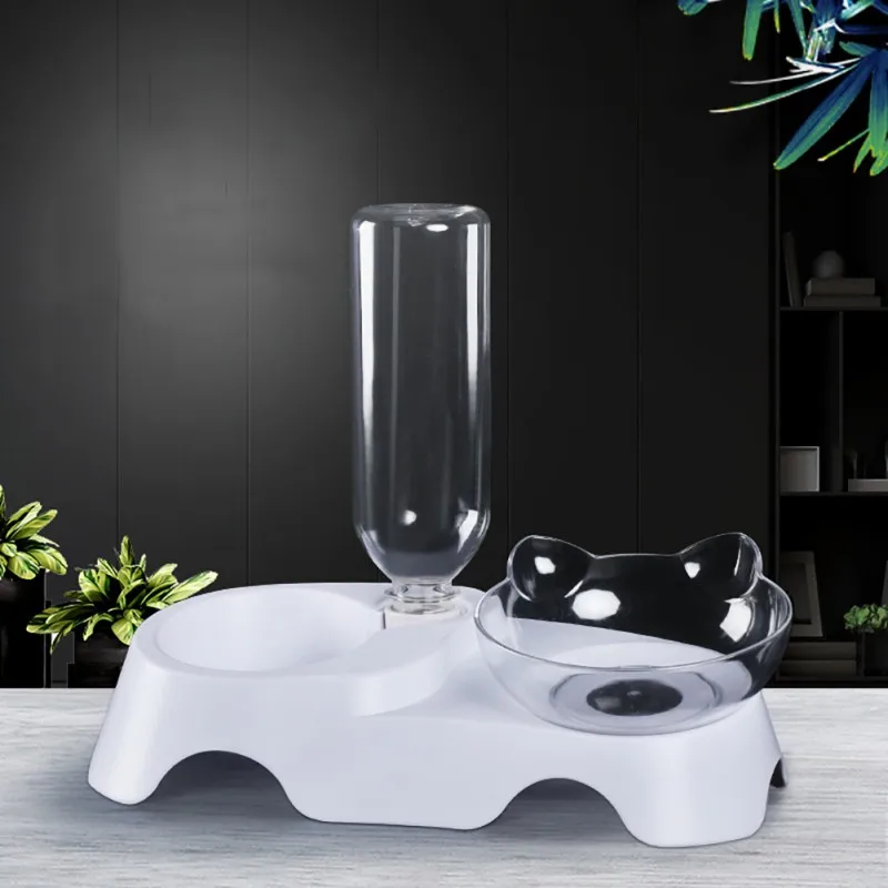 

Pet Bowl Cat Bowl Double Bowl Tilting Mouth Double Drinking Water Protecting Cervical Vertebra Bowl Dual-Use Transparent Bowl