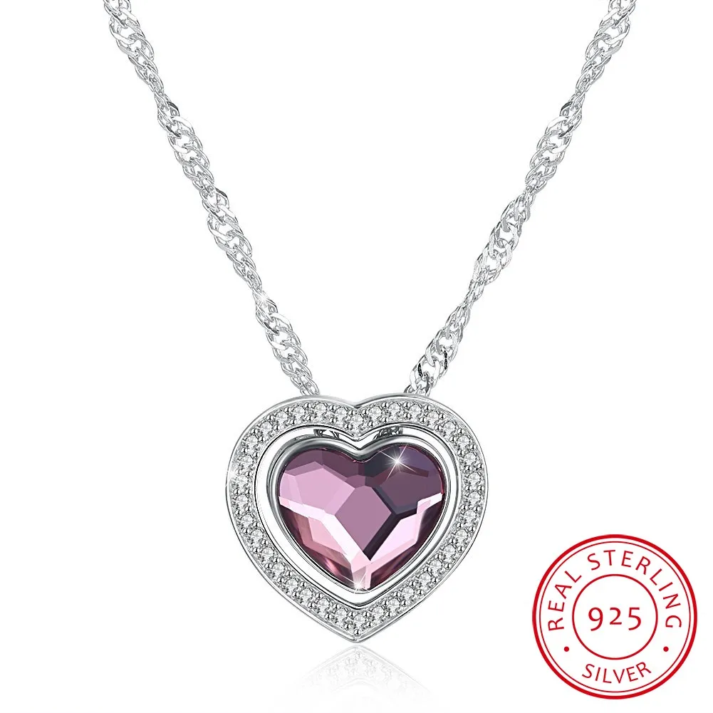 

LEKANI Crystals Heart Pendant Necklaces Real S925 Silver Fine Jewelry For Women Multiple Different Wearing Styles