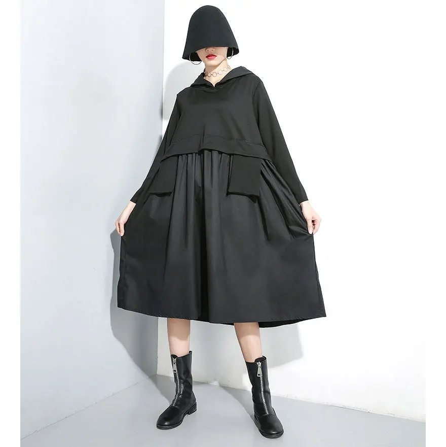 black WLD2735 XITAO необычное плиссированное платье размера плюс, женская мода, новинка, Осеннее элегантное черное платье с капюшоном и длинным рукавом WLD2735 - Цвет: black WLD2735