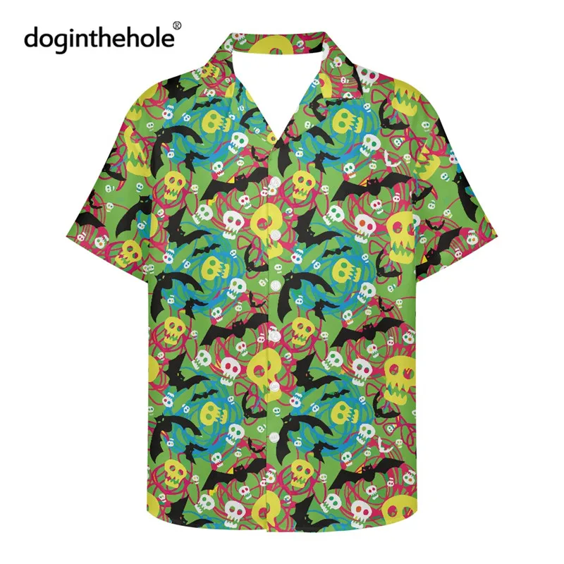 

Doginthehole Gothic Skull Bat Design Men's Shirt 2021 Summer Short Sleeve V-neck Tops Casual Harujuku Style Button Up Clothing