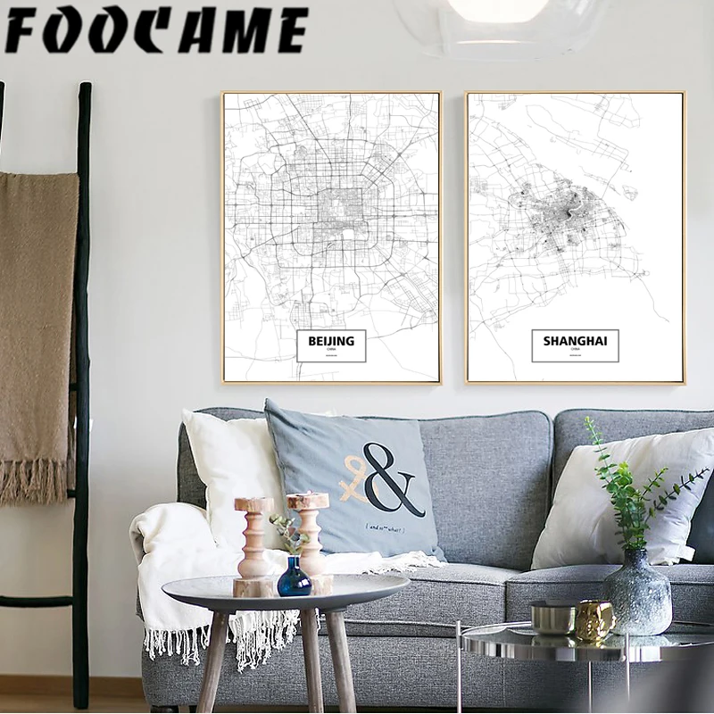 Пекин Шанхай линия города Washington черная белая карта плакат в скандинавском стиле