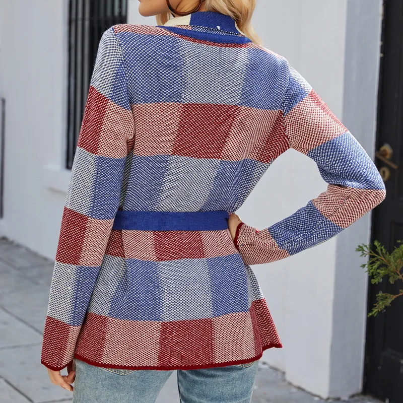 

Knit Cardigan Coat High-end British College Style Contrasting Check Embroidered Crew Neck Cardigan Jacket New 2020 Autumn Women