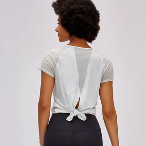 Женская Спортивная футболка для йоги с коротким рукавом, однотонная бандажная модная Красивая свободная быстросохнущая дышащая блузка