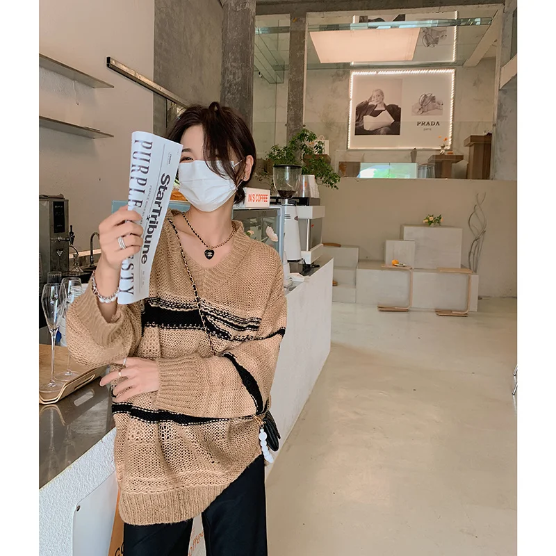 

Пуловер женский оверсайз свободного кроя, модель 2021 года, универсальный свитер с V-образным вырезом для ранней осени