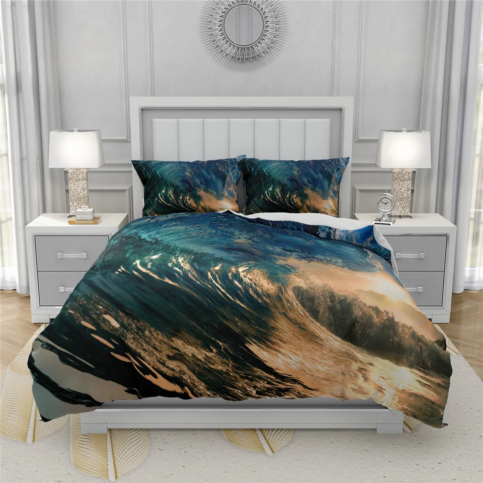 

Blue Waves Duvet Cover Set Twin Full Queen King Size Bed Set 3D Printed Sea Ocean Quilt Cover Pillowcase Home Bed Line Set Kids