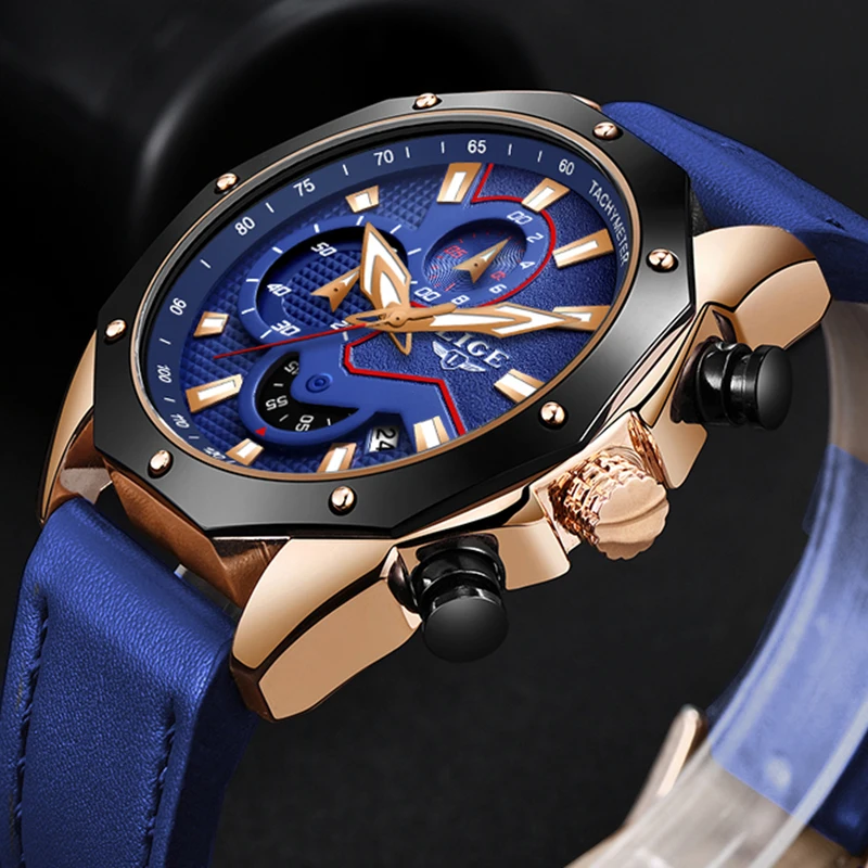 Часы наручные LIGE Мужские кварцевые брендовые Роскошные деловые