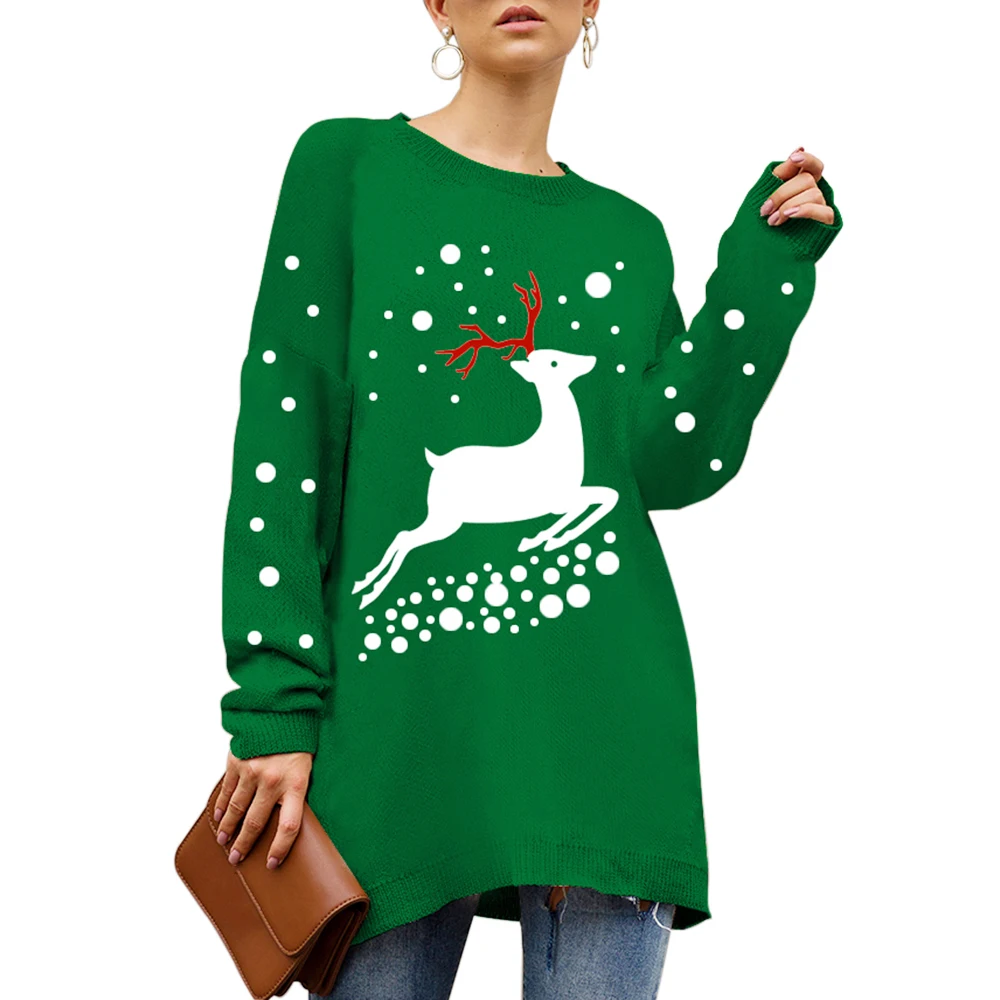 HEFLASHOR 2019 Christmas Women Sweater Jumper Winter Elk Print O-Neck Long Sleeve knitted Pullover Medium long female clothing | Женская