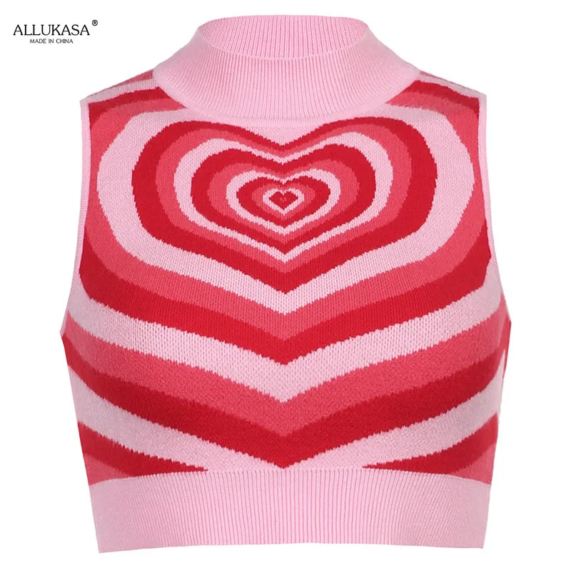 

Allukasa Check Print Y2K Knitted Women's Vest Summer Harajuku Retro Crop T-shirt Streetwear Aesthetic Pink Cute Shirt 2021 Tops