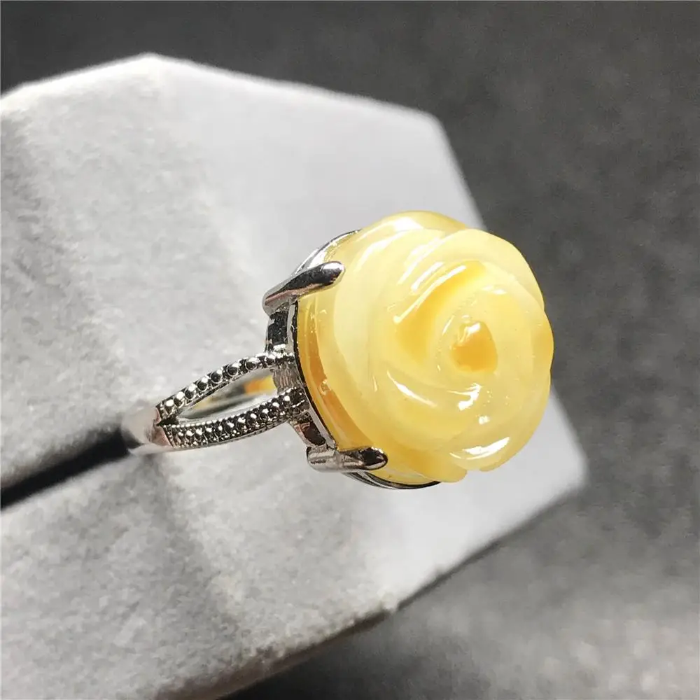 

15x14 мм Топ натуральный цветок резное желтое Янтарное кольцо для женщины мужчины Кристалл Серебряные Бусины драгоценный камень регулируемо...