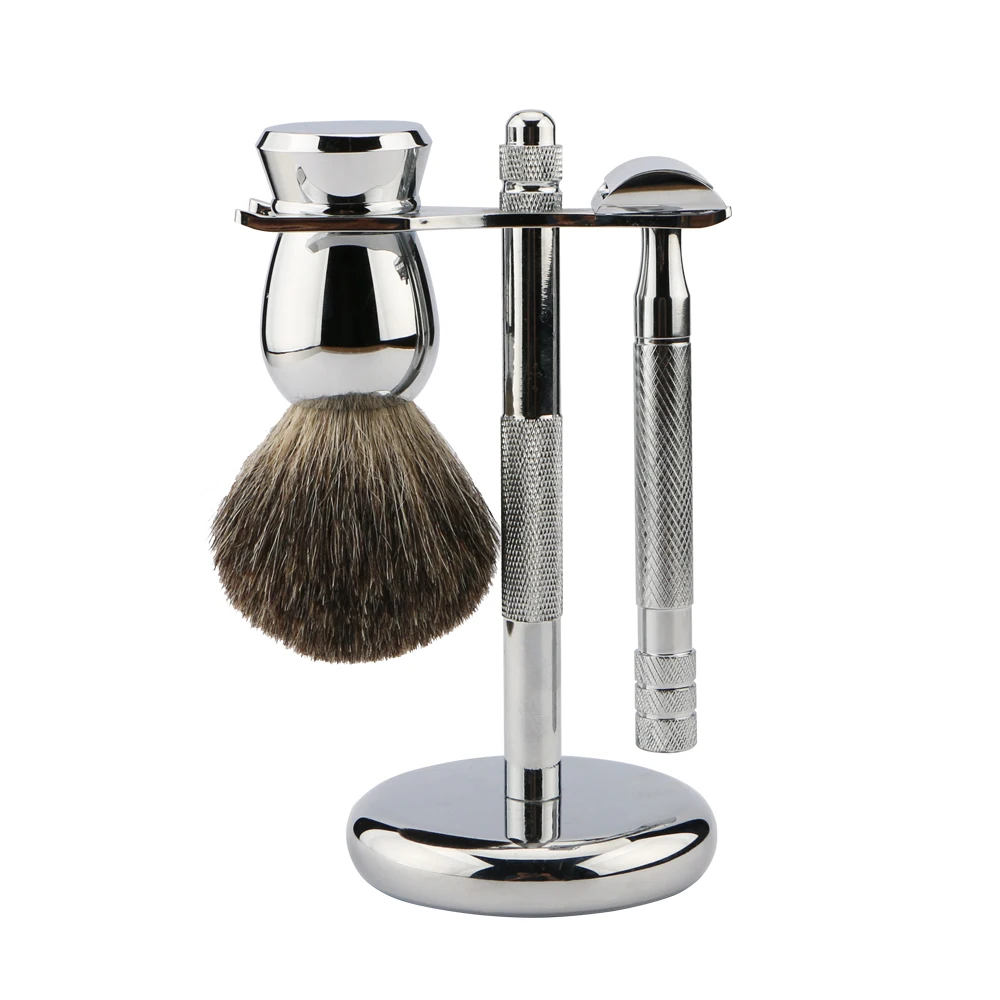 

Luxury Safety Razor Shaving Kit Double Edge Razor&10 Blades,100% Pure Badger Shaving Brush,Bright Silver Stainless Steel Stand