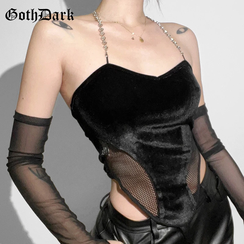 

Goth Dark Y2k Punk Velvet Women Sexy Busties Tops Gothic Mesh Patchwork Halter Camis Grunge E-girl Black Bodycon Night Cropped