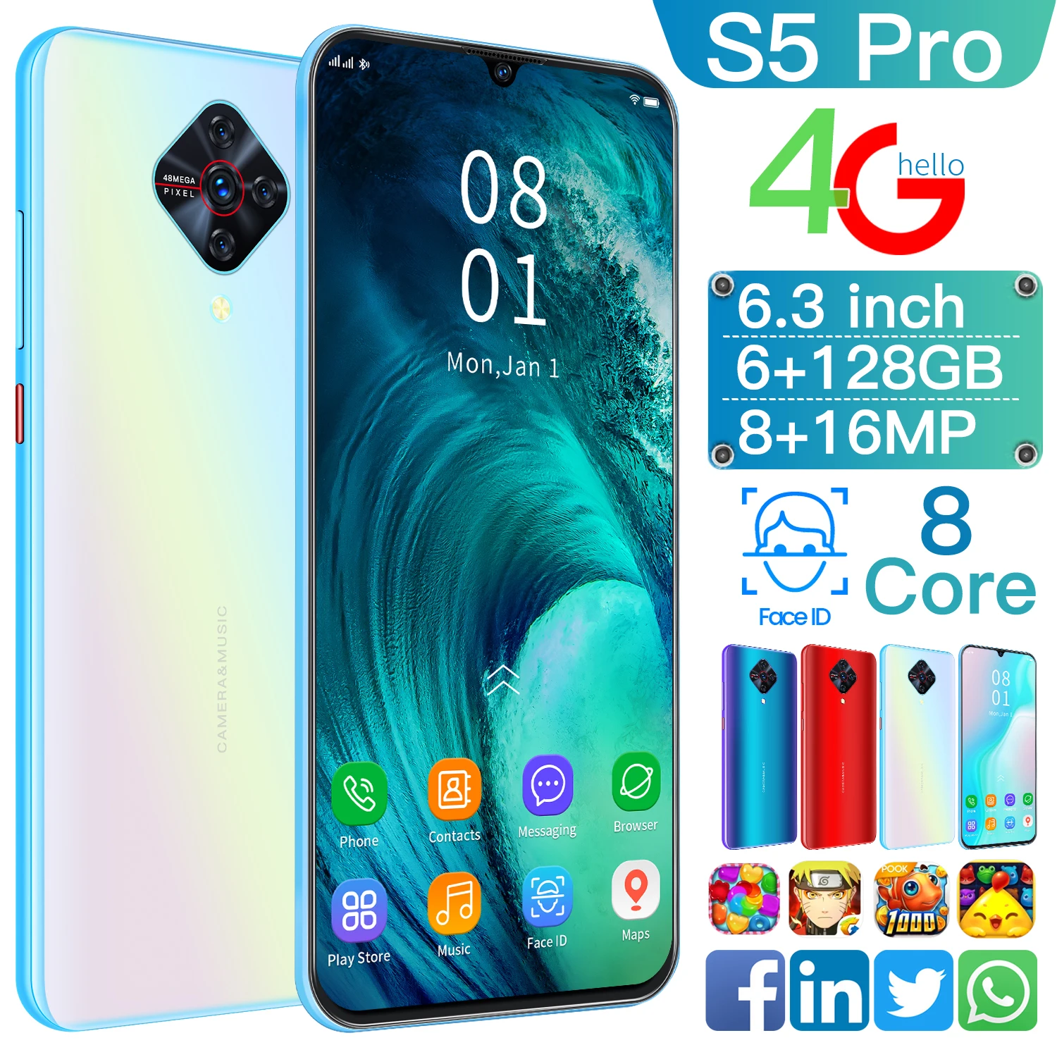 

Smartphone Global Version S5 Pro 6 128GB 6.3inch HD Full Screen 4G 8core LTE Dual SIM Card Fingerprint Facial ID Unlock Telefone