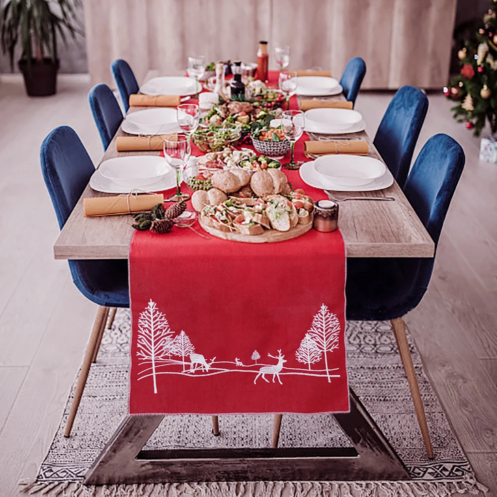OHEART Red Christmas Table Runner Embroidered Holly Leaf Tree Elk Ranner Gift Holiday Decorations New Year | Дом и сад