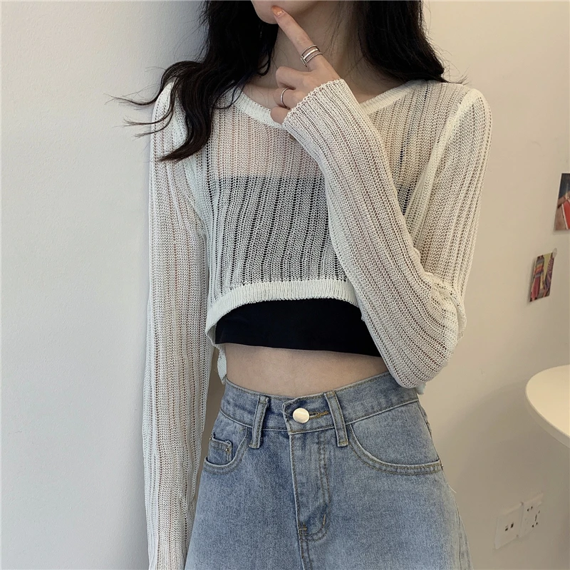 

Sun Protection Shirt Women's Long-Sleeved Summer Thin Short Navel Sexy BM Style Top Super Popular French Hollow-out Knitted