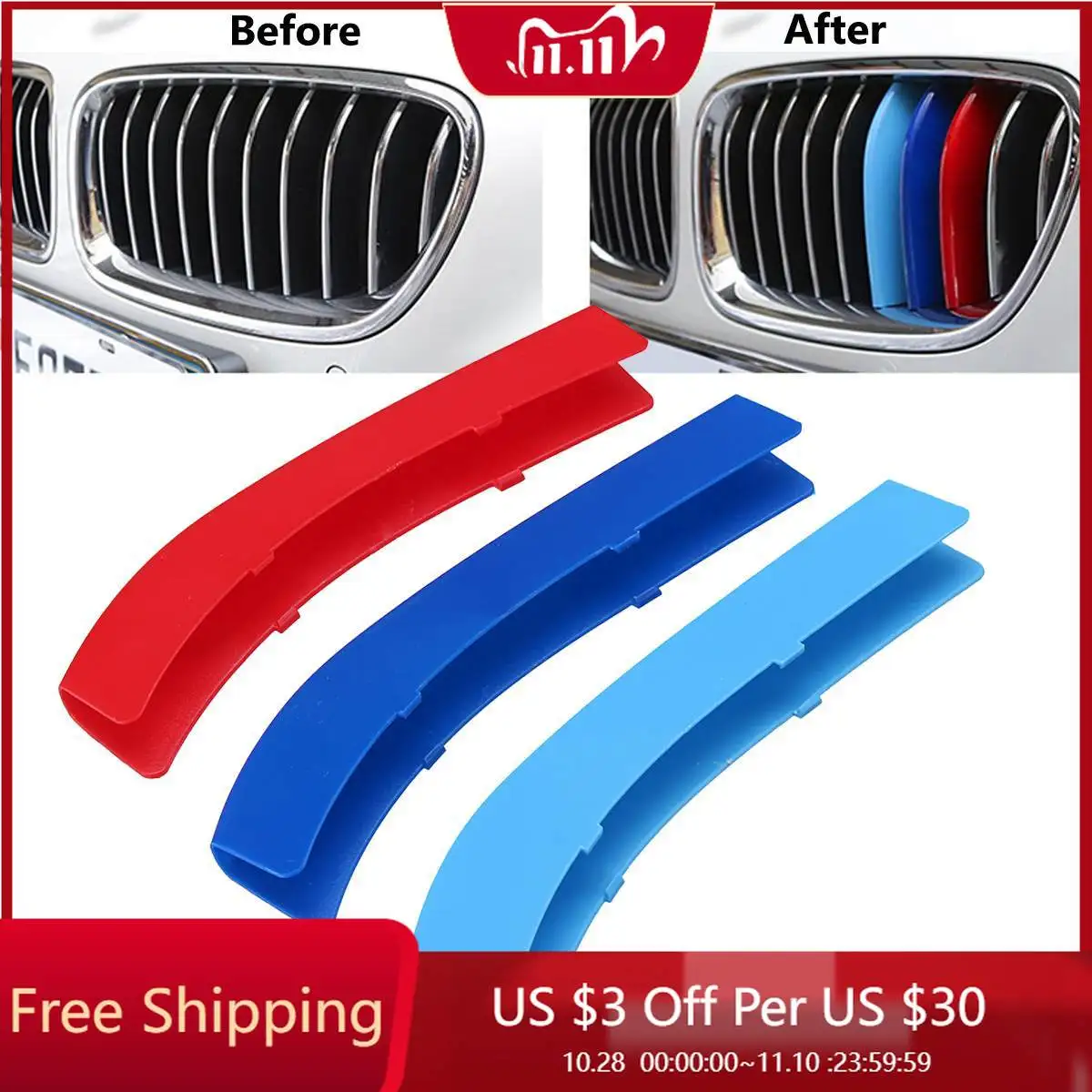 

3pcs Car Grille Sticker Strip Cover Trim For BMW 1 3 5 Series F30 F31 X5 X6 E90 E91 F10 F11 F18 E60 E61 E70 E84 F48 F20 F21