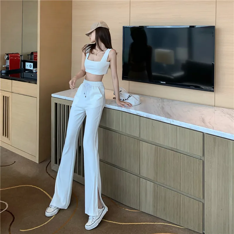 

Split wide leg pants women's high waist drape early spring 2021 new loose casual sports pants thin micro-flared pants