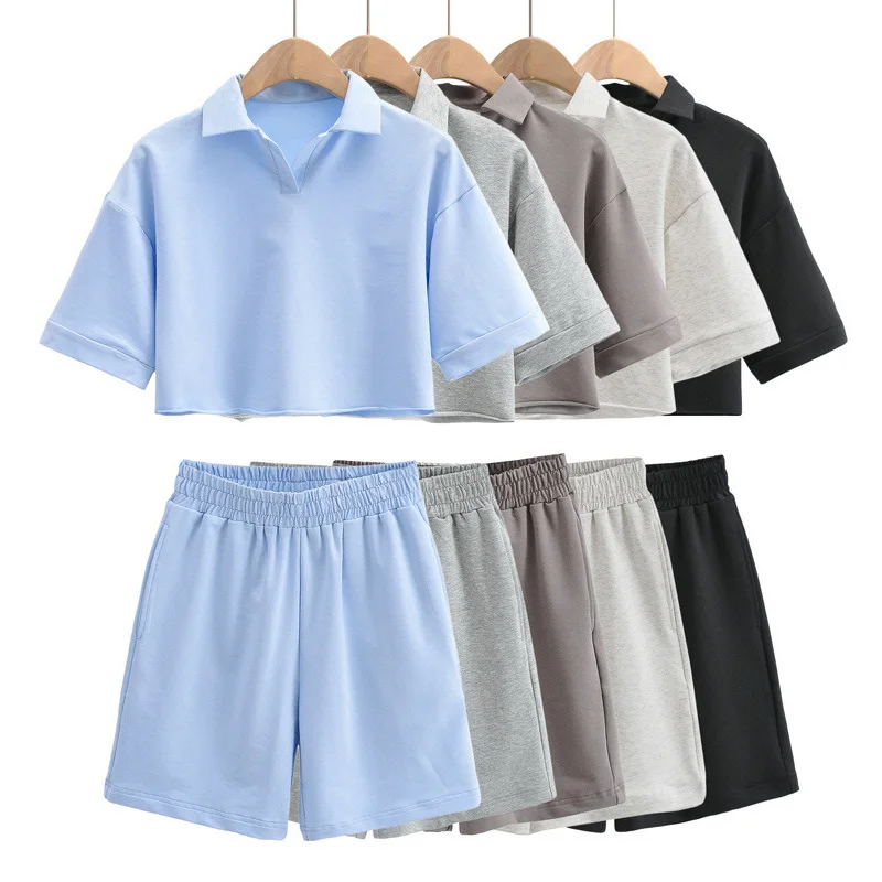 

Loungewear Polo Collar Women's Shorts Sets Short Sleeve Loose Casual Sportwear Crop Top Two Piece Set Women 2021 Summer Sets