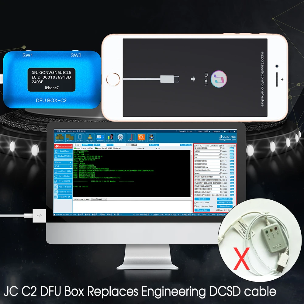 

JC DFU BOX-C2 for iPhone Restore Repair One Key Enter DFU Mode Read SN ECID MODEL Information Replace Engineering DCSD Cable