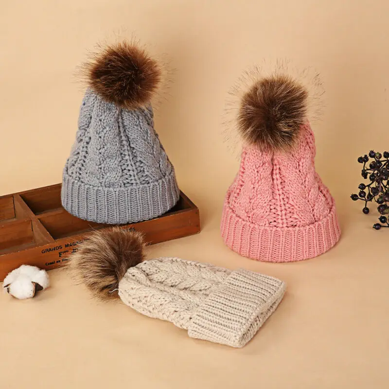 

Женская шапка с помпоном Hirigin, теплая вязаная шапка с помпоном, детская шапка с помпоном из натурального меха енота, зимняя шапка