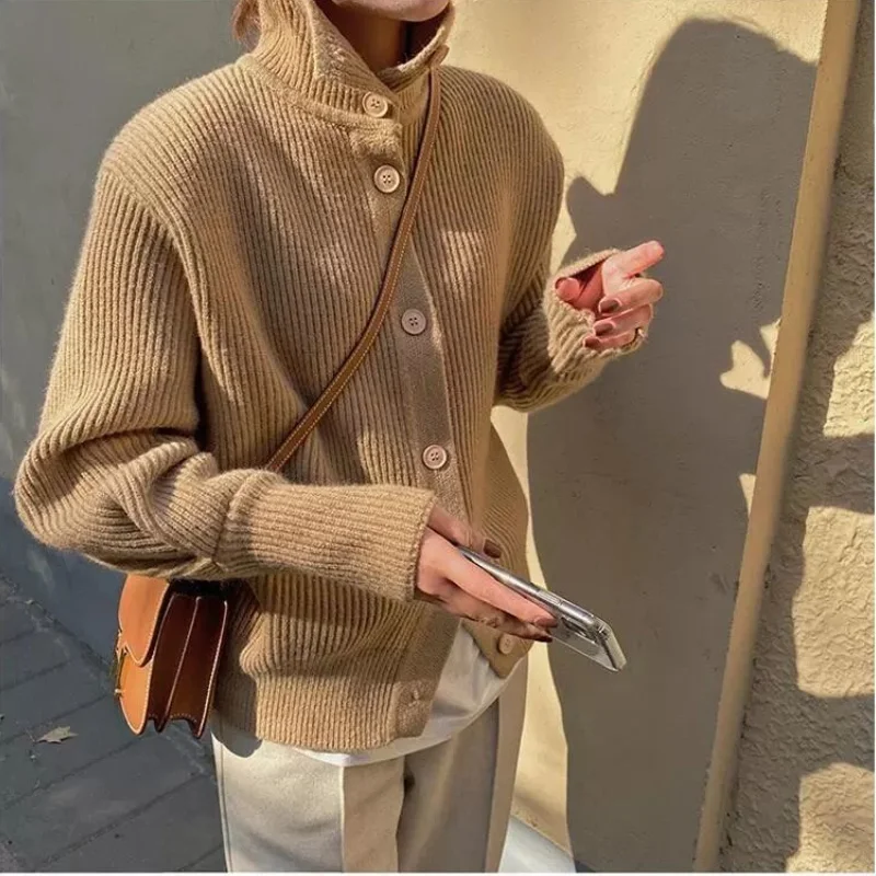 

Женский свитер, куртка, осенне-зимний свободный плотный однотонный вязаный кардиган на пуговицах с высоким воротником, женская вязаная кур...